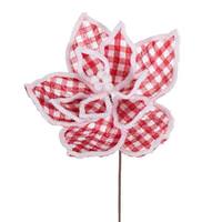 Vickerman 11" Red/White Plaid White Line Flower (6 Pack)