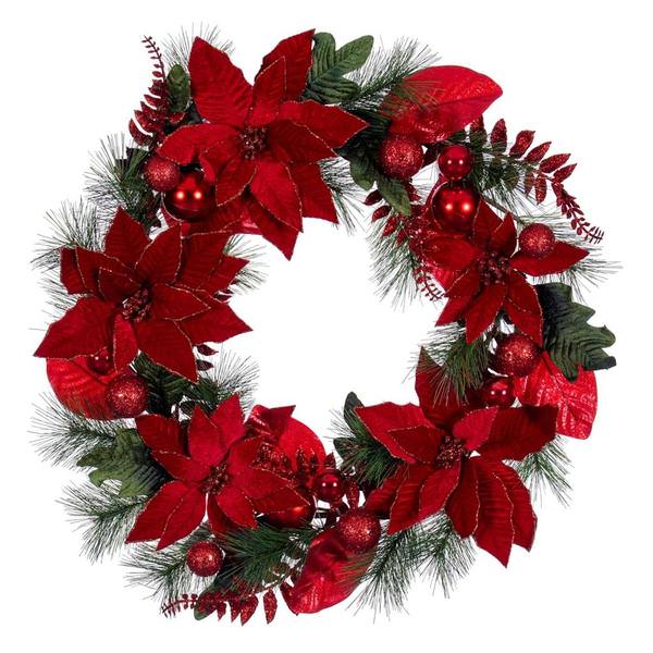 28" Merry Red Poinsettia Decorated Wreath