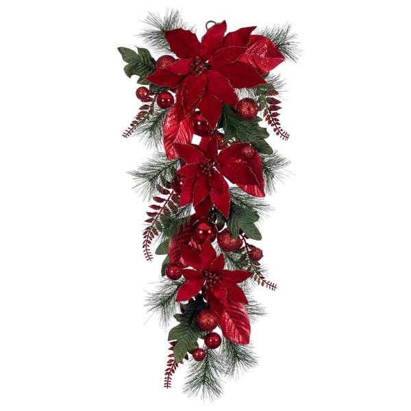 32" Artificial Merry Red Poinsettia Decorated Teardrop