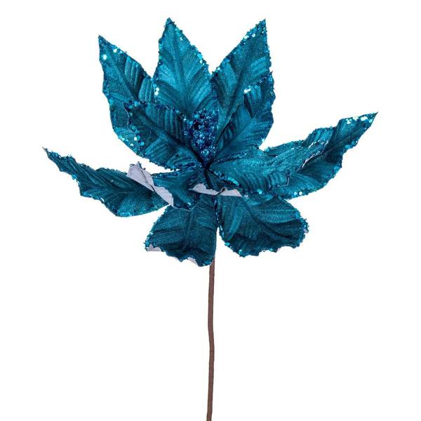 24" Turquoise Poinsettia Sequin Trim Velvet Spray (3 Pack)