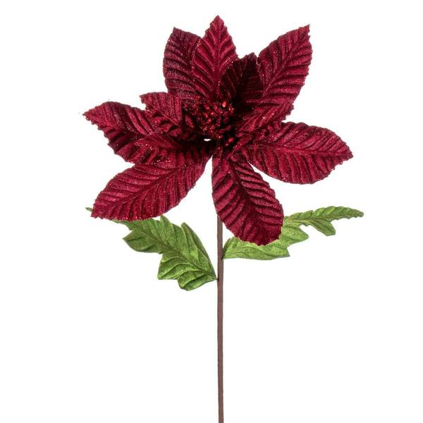 22" Burgundy Velvet Glitter Trim Poinsettia Spray (6 Pack)
