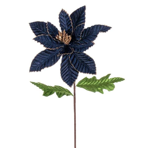 22" Midnight Blue Velvet Glitter Trim Poinsettia Spray (6 Pack)