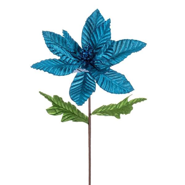 22" Turquoise Velvet Glitter Trim Poinsettia Spray (6 Pack)