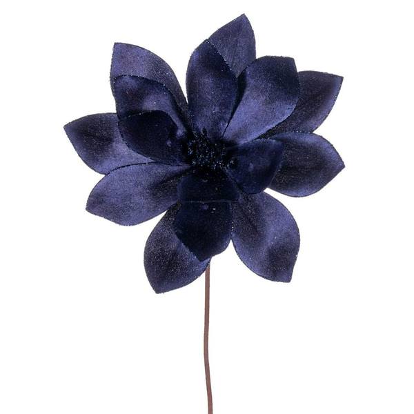 22" Midnight Blue Velvet Sheen Glitter Trim Poinsettia Spray (4 Pack)