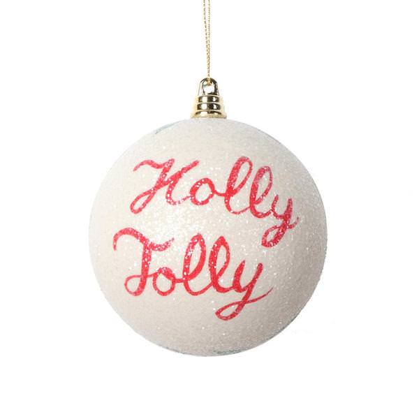 4" White Holly Jolly Ball Ornament (3 pack)