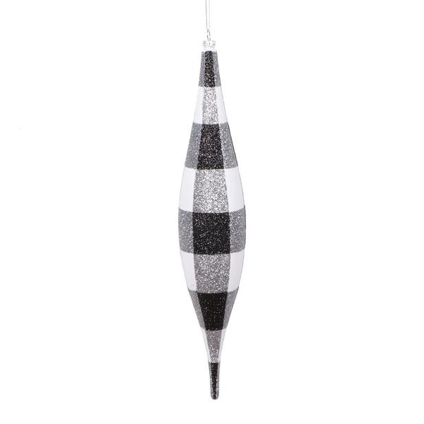 13" White / Black Plaid Glitter Ornament (2 Pack)