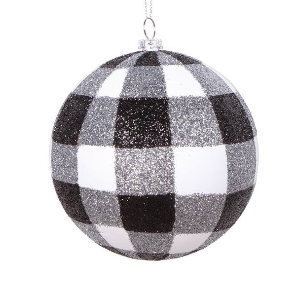 4" White / Black Plaid Glitter Ball Ornament (3 pack)