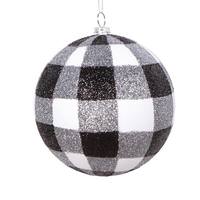 Vickerman 4" White / Black Plaid Glitter Ball Ornament (3 pack)