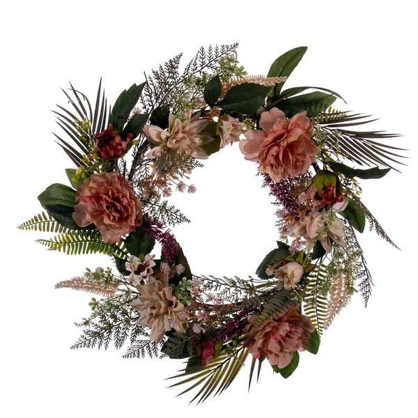 22" Artificial Coral Unlit Peony Dahlia Wreath