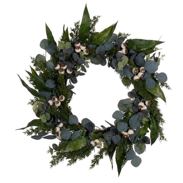 26" Artificial Green Eucalyptus Berry Unlit Wreath
