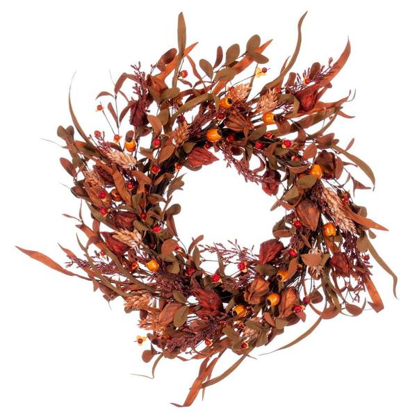 22" Artificial Autumn Orange Leaf Unlit Wreath