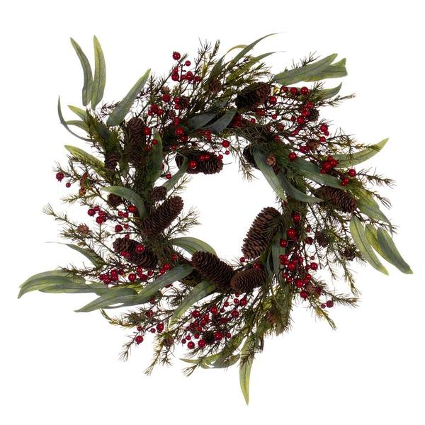 22" Artificial Green Leaf and Berries Unlit Wreath Candle Ring