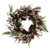 Vickerman 22" Artificial Green Leaf and Berries Unlit Wreath Candle Ring