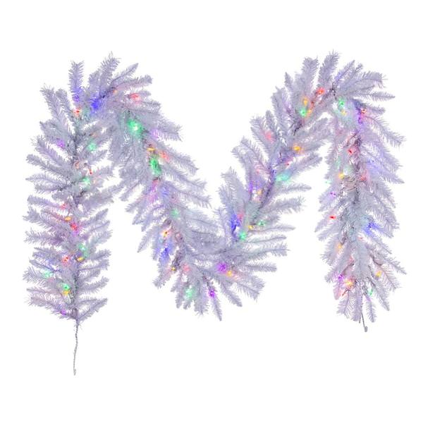 9' Artificial Flocked White Garland 100 Dura-Lit® Multi-Colored LED Lights