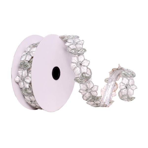 1.5"x30' White / Silver Flower Ribbon