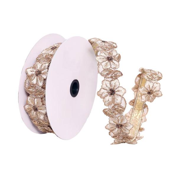 1.5"x30' Beige / Gold Flower Ribbon