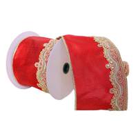 Vickerman 4"x15' Red Gold Embroidery Ribbon