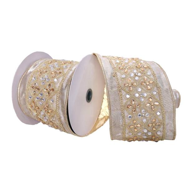 4"x15' Champagne / Silver Jewels Ribbon
