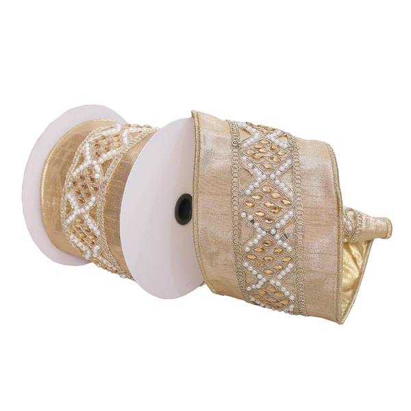 4"x15' Gold Pearls / Jewels Decorative Ribbon