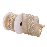 View 4"x15' Gold Pearls / Jewels Decorative Ribbon