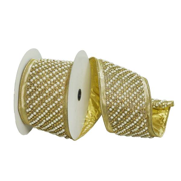 4"x15' Gold Jewel Pearls Decorative Ribbon
