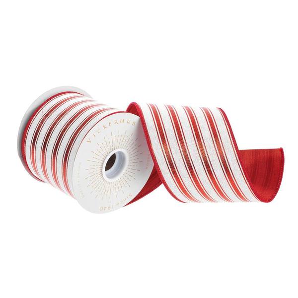4" x 30' White / Red Foil Stripe Ribbon