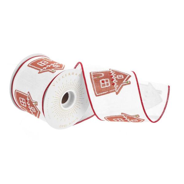 4" x 30' White Gingerbread House Ribbon