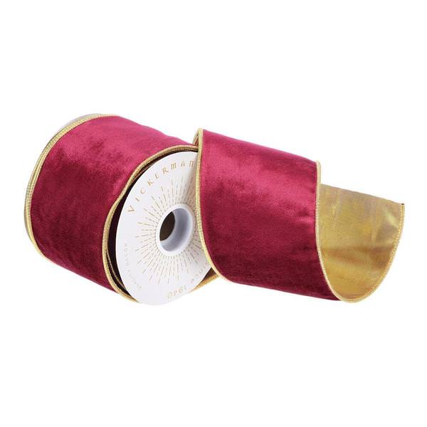 4" x 30' Burgundy / Gold Velvet Ribbon