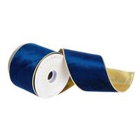 Vickerman 4" x 30' Royal Blue / Gold Velvet Ribbon