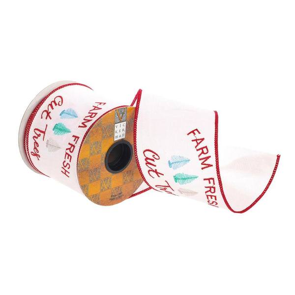 4" x 30' White / Red Farm Fresh Trees Ribbon