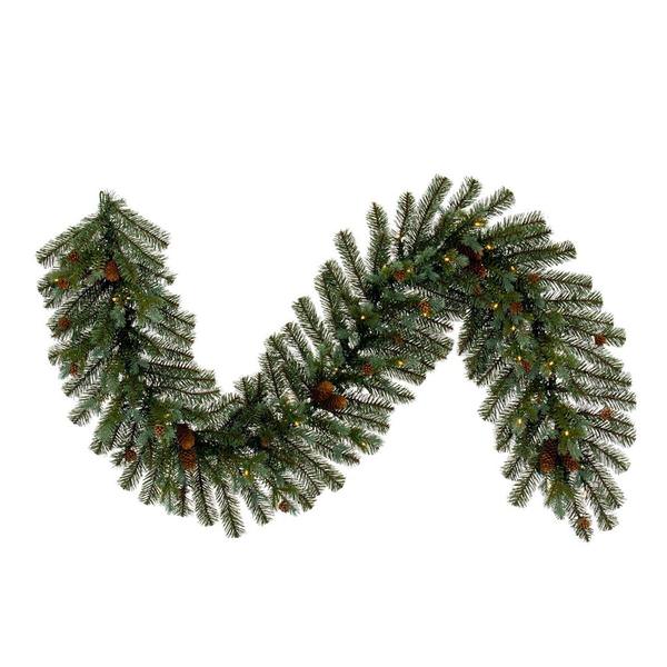 6' x 14" Artificial Blue Spruce Pine Cone Garland 50 Battery Operated Warm White LED Lights