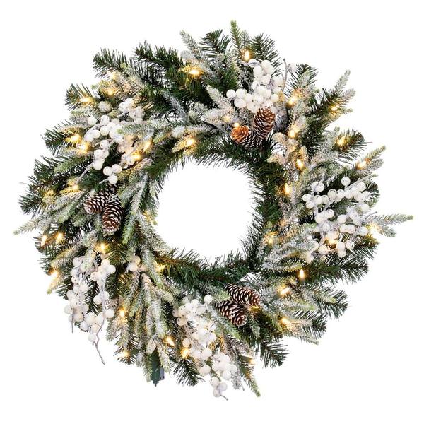 24" Artificial Frosted Berry Mixed Wreath 50 Warm White LED Lights