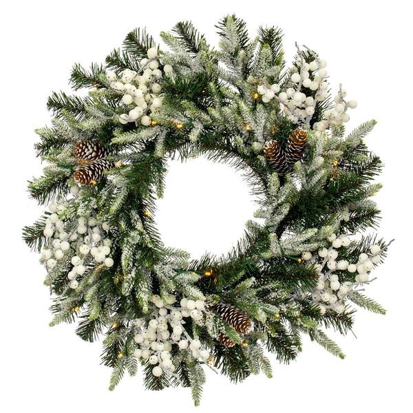 24" Artificial Frosted Berry Mixed Wreath 35 Battery Operated Warm White LED Lights