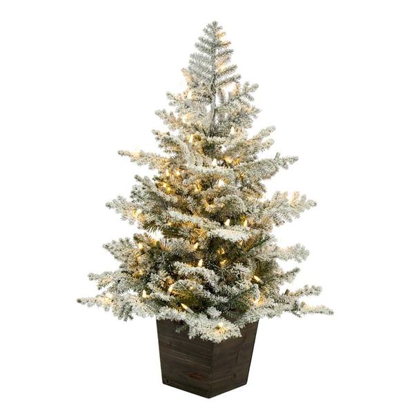 3' x 28" Artificial Potted Snowy Rosemary Pine Wood Container