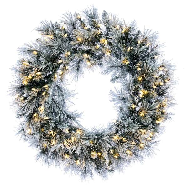 30" Flocked Jackson Pine Wreath 100 Warm White Lights