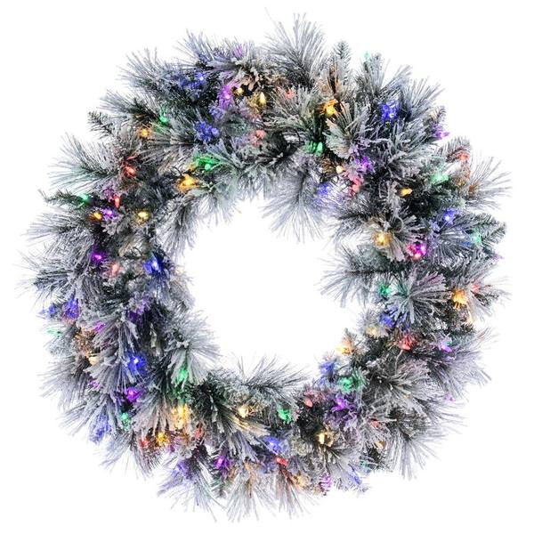30" Flocked Jackson Pine Wreath 100 Multi-Color Lights