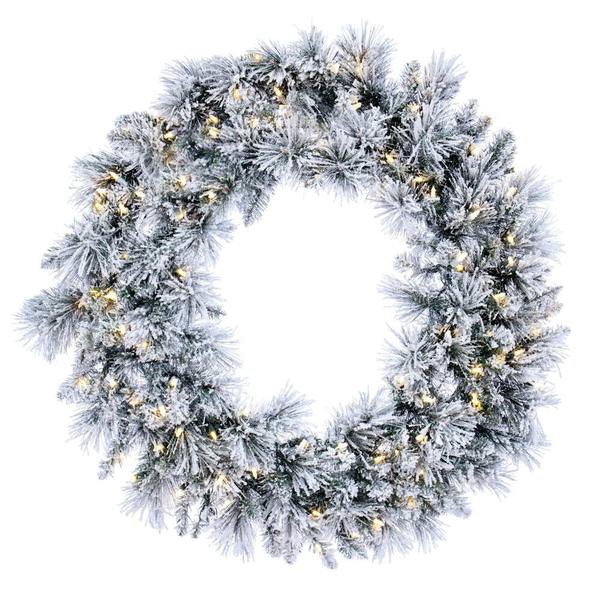 36" Flocked Jackson Pine Wreath 100 Warm White Lights