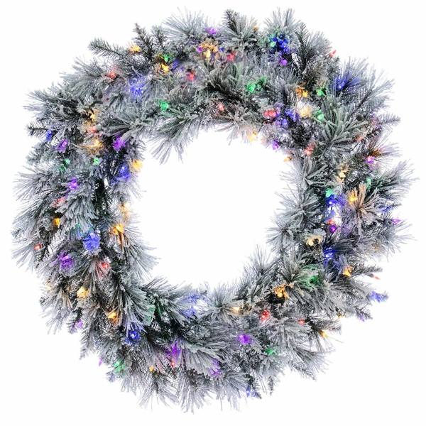 36" Flocked Jackson Pine Wreath 100 Multi-Color Lights