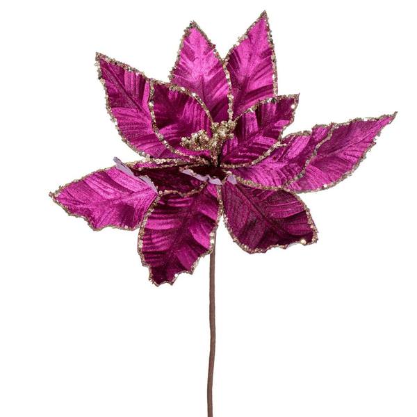 24" Fuchsia Velvet Sequin Trim Poinsettia (3 Pack)