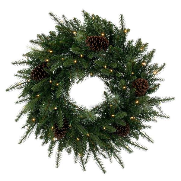 26" Green Mixed Balsam Pine Wreath 50 Warm White Lights Battery Operated