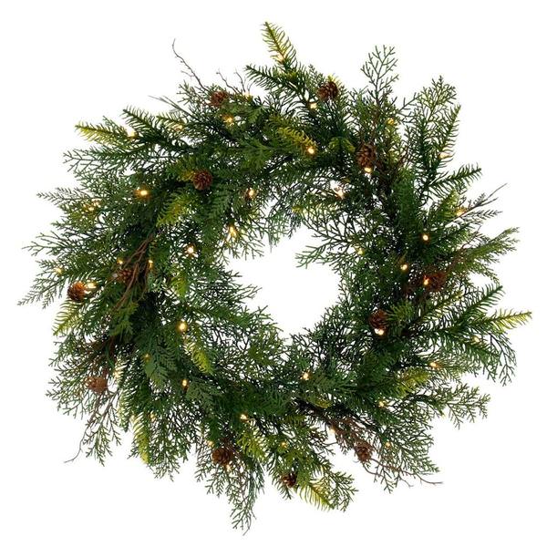 26" Green Mixed Cedar Pine Wreath 50 Warm White Lights Battery Operated