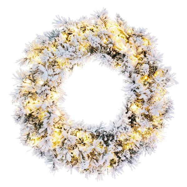 24" Artificial Frosted Glacier Wreath 3mm 150 Warm White Lights