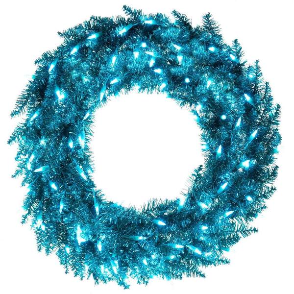 36" Aqua Tinsel Wreath 100 Aqua Lights