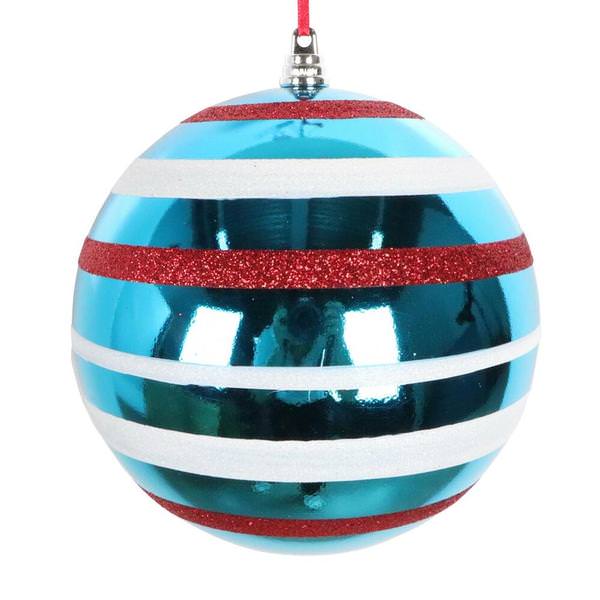 4" Turquoise / White / Red Shiny Glitter Ball Ornament (3 Pack)
