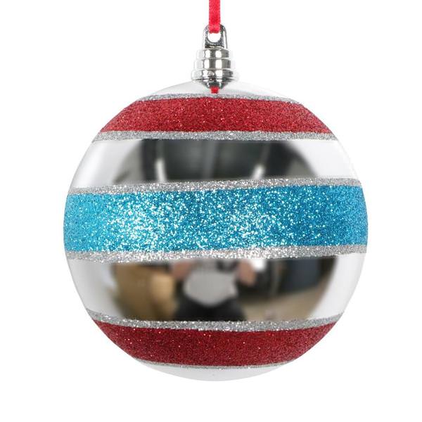 6" Turquoise / Silver / Red Shiny Glitter Ball Ornament (2 Pack)