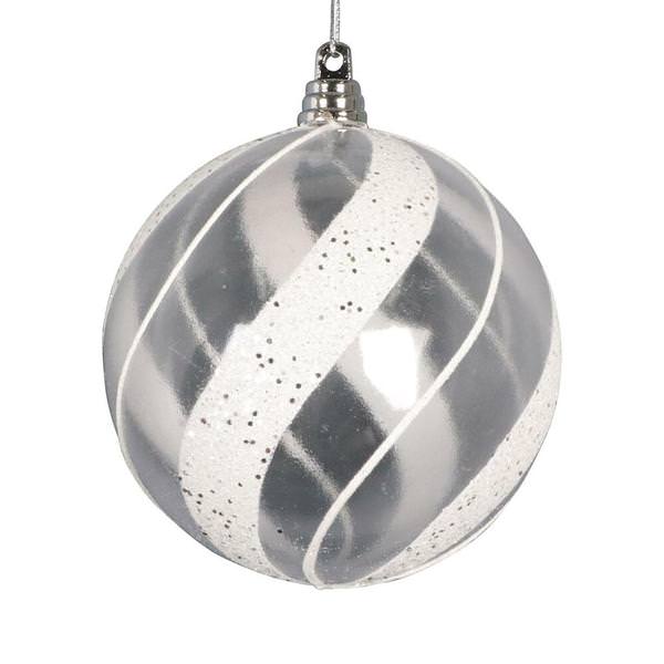 4" Clear White / Silver Glitter Ball Ornament (3 Pack)