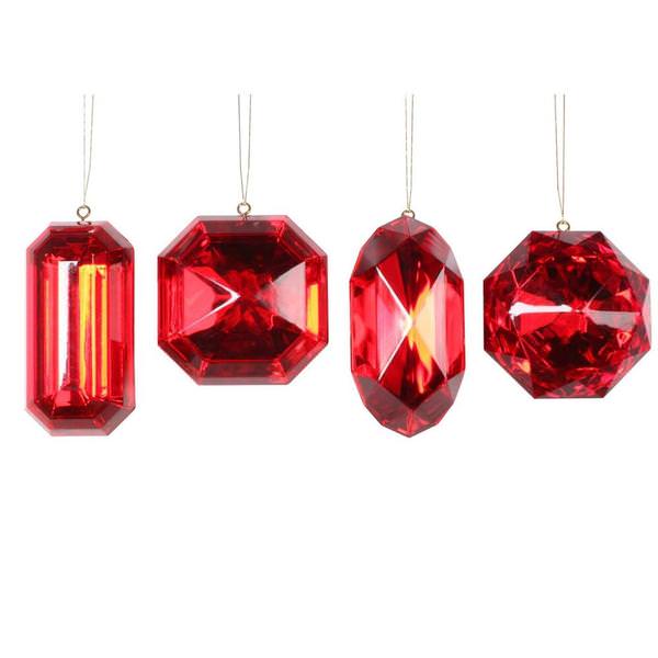 4"-5" Red Jewel Glitter Ornament Assortment (4 Pack)