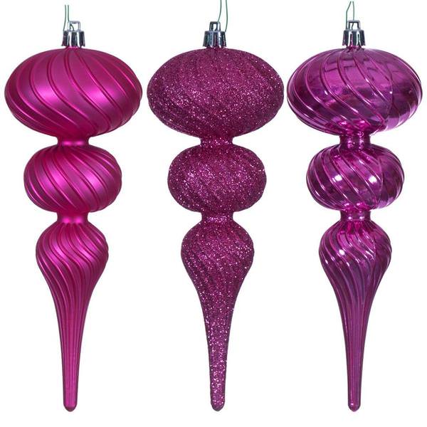 8" Hot Pink Swirl Finial Ornament Assortment (6 Pack)