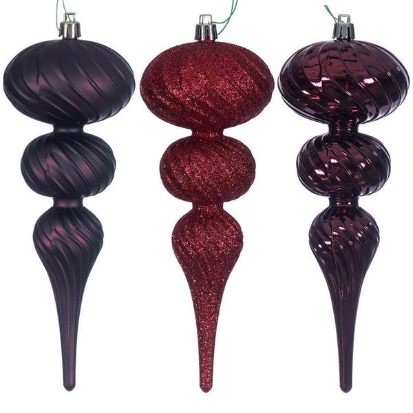 8" Burgundy Swirl Finial Ornament Assortment (6 Pack)