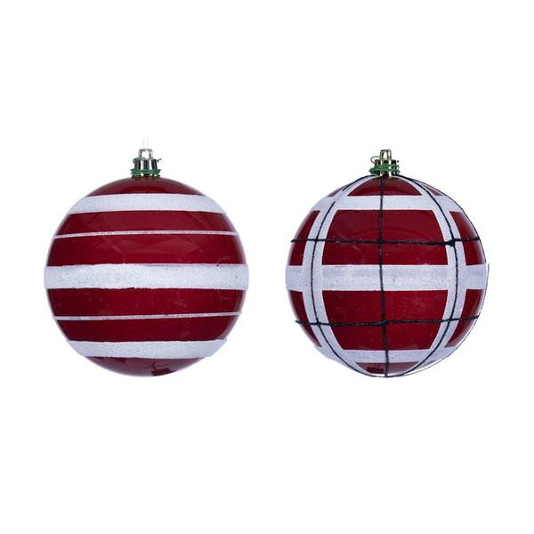 6" Red Black / White Stripe Glitter Ball Ornament (4 Pack)